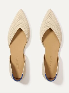 Rothy's Pointed D'Orsay Flat in Cream with Blue Heel Trim